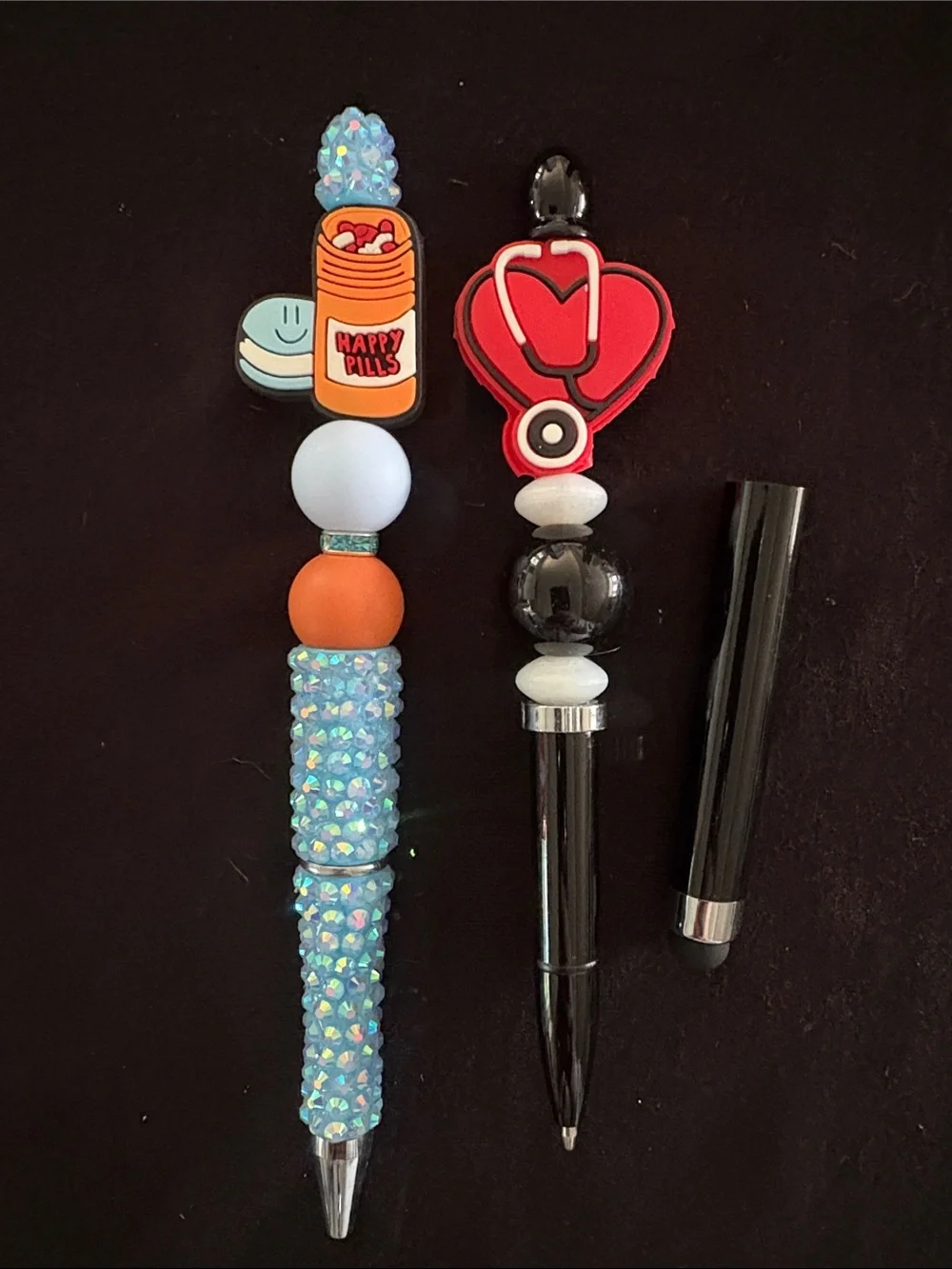Cute Decorative Beaded Pens - Blue, Black, and Silver Accents Set of 6